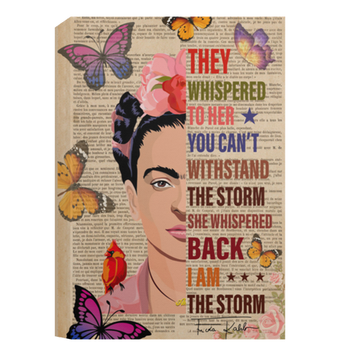 Book Page Theme Floral Frida Kahlo They Whispered To Her You Can’t Withstand The Storm Framed Canvas, Unframed Poster, Feminist Wall Decor	CANPO15 Deluxe Portrait Canvas 1.5in Frame
