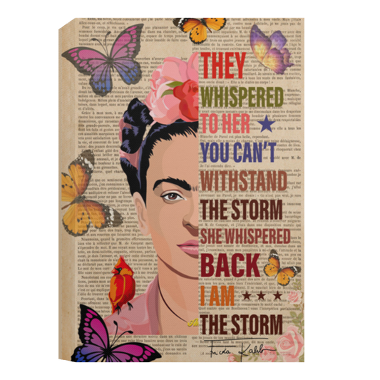 Book Page Theme Floral Frida Kahlo They Whispered To Her You Can’t Withstand The Storm Framed Canvas, Unframed Poster, Feminist Wall Decor	CANPO15 Deluxe Portrait Canvas 1.5in Frame