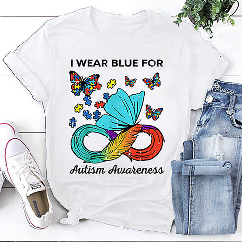 I Wear Blue For Autism Awareness Butterfly T-Shirt