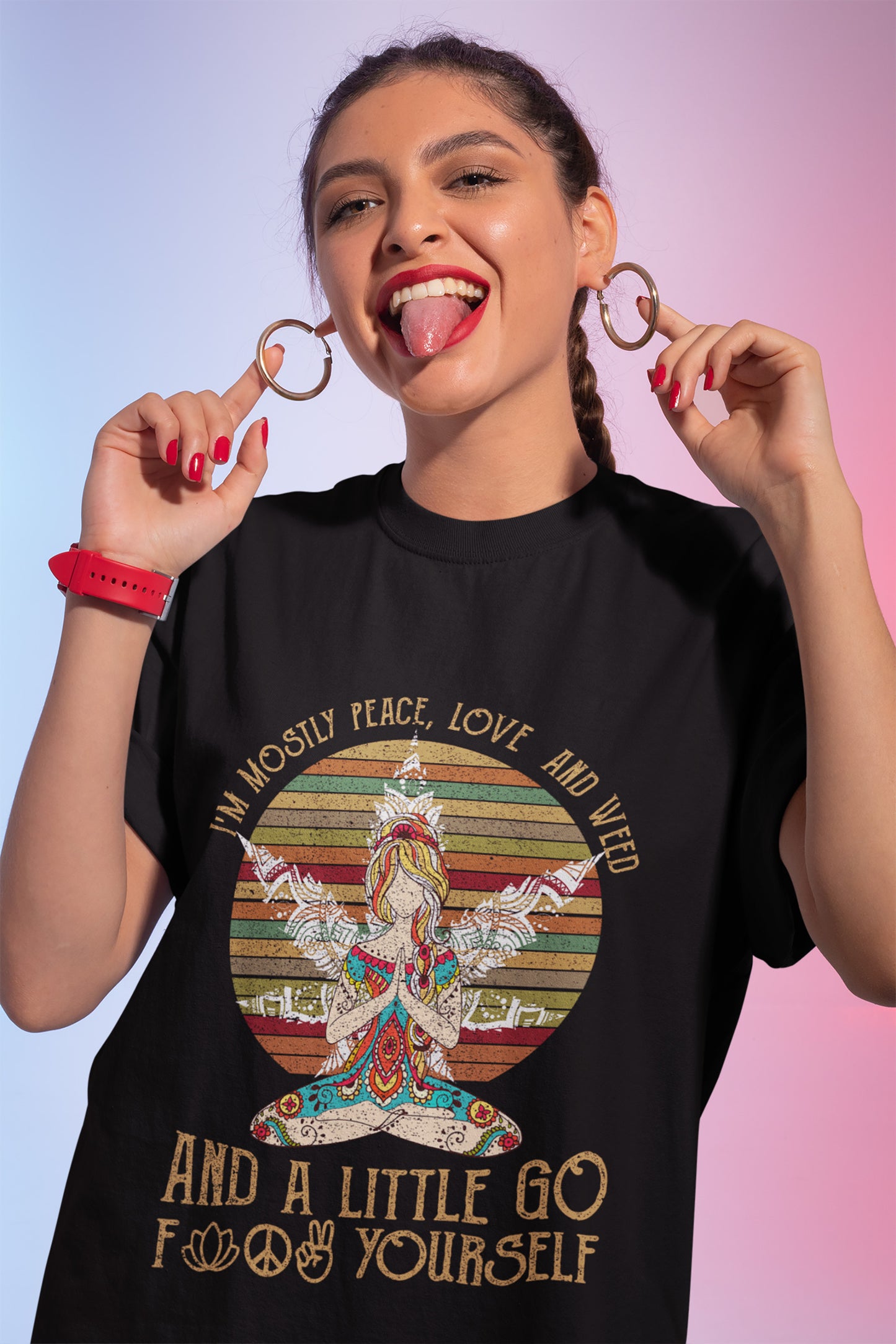 I’m Mostly Peace Love And Weed And A Little Go Fuck Yourself Yoga Sunset T-Shirt