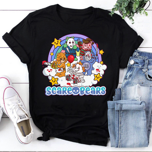 Scary Care Scare Bears Funny Halloween Horror Faces Custome Vintage T-Shirt