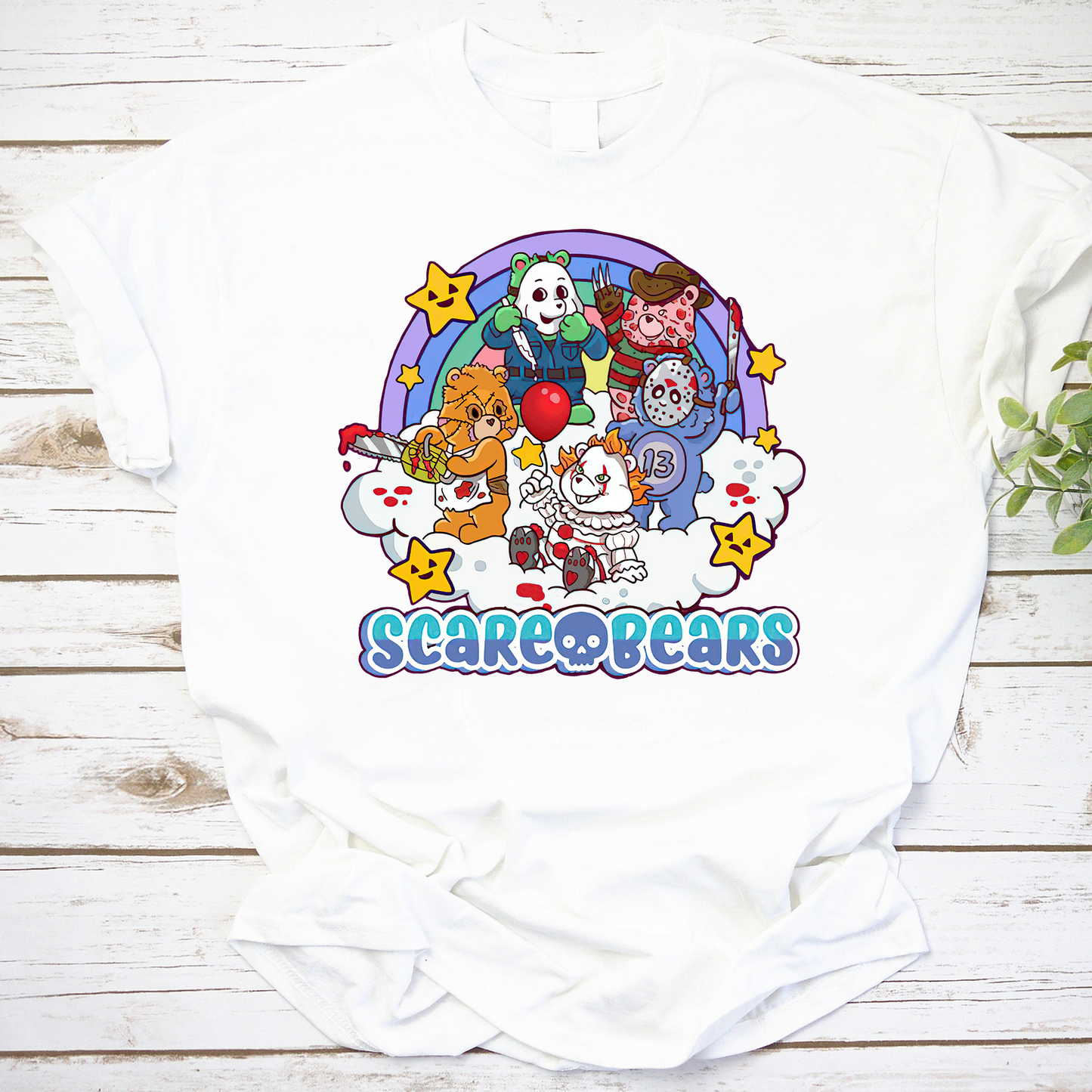 Scary Care Scare Bears Funny Halloween Horror Faces Custome Vintage T-Shirt