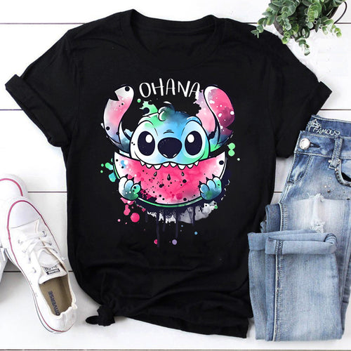 Stitch Ohana Eating Watermelon Black T-Shirt