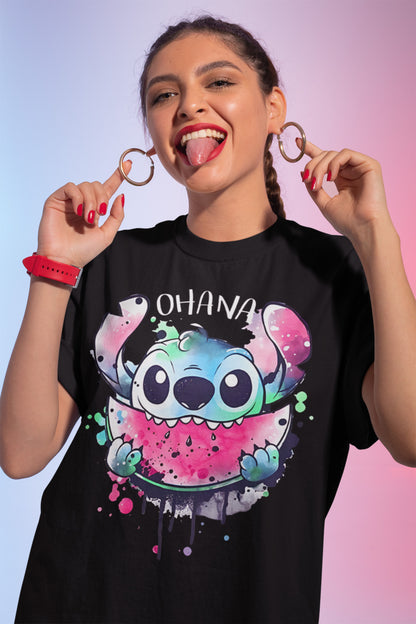 Stitch Ohana Eating Watermelon Black T-Shirt