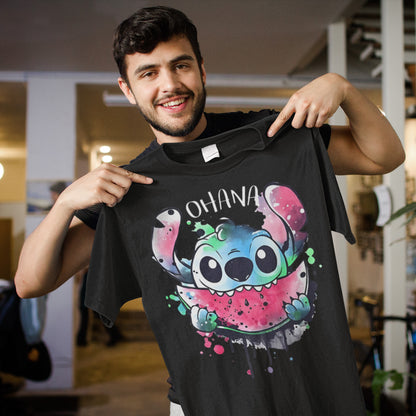 Stitch Ohana Eating Watermelon Black T-Shirt