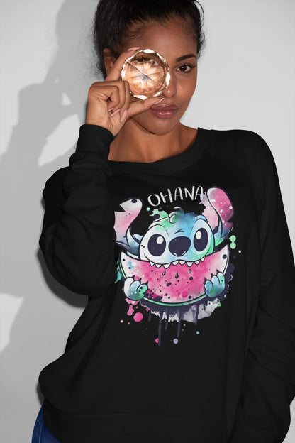 Stitch Ohana Eating Watermelon Black T-Shirt