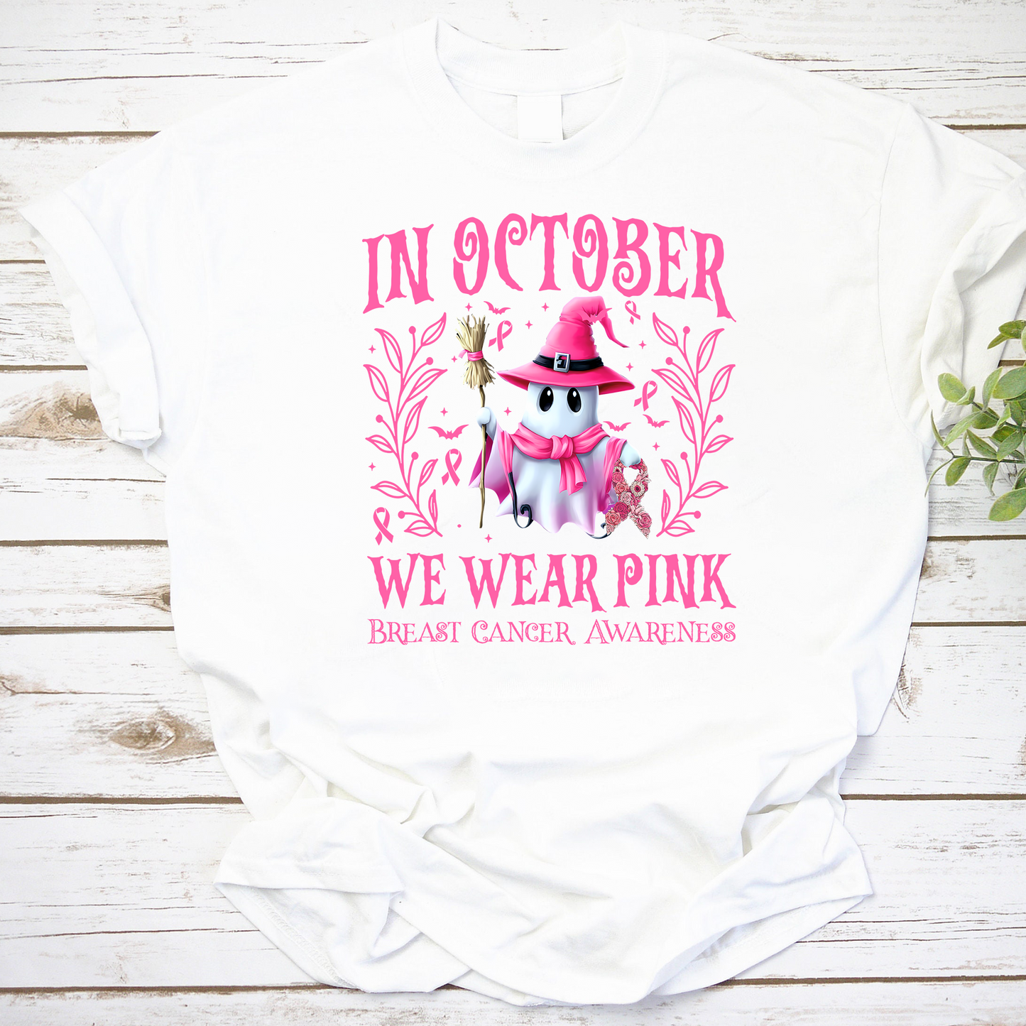 Witch Ghost Pumpkin Breast Cancer Vintage T-Shirt