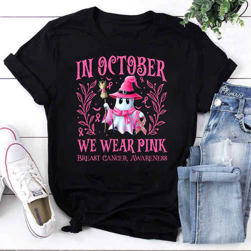 Witch Ghost Pumpkin Breast Cancer Vintage T-Shirt