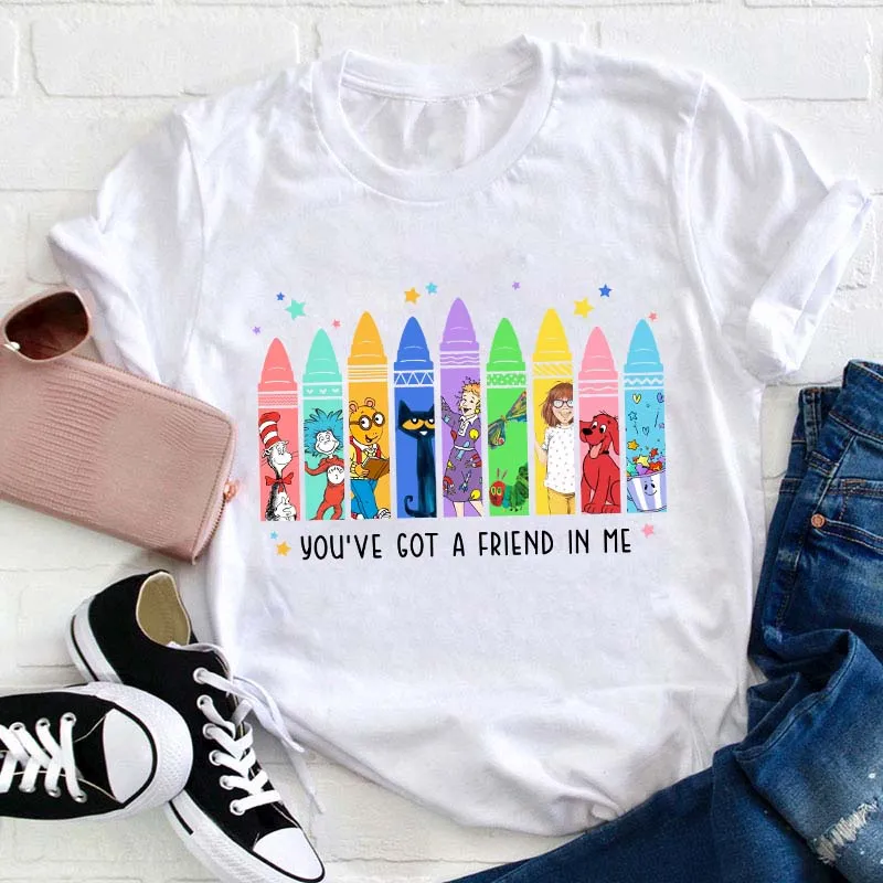 You've Got a Friend in Me Teacher Shirt, Cute Crayon Book Character Tee for Back to School