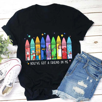 You've Got a Friend in Me Teacher Shirt, Cute Crayon Book Character Tee for Back to School
