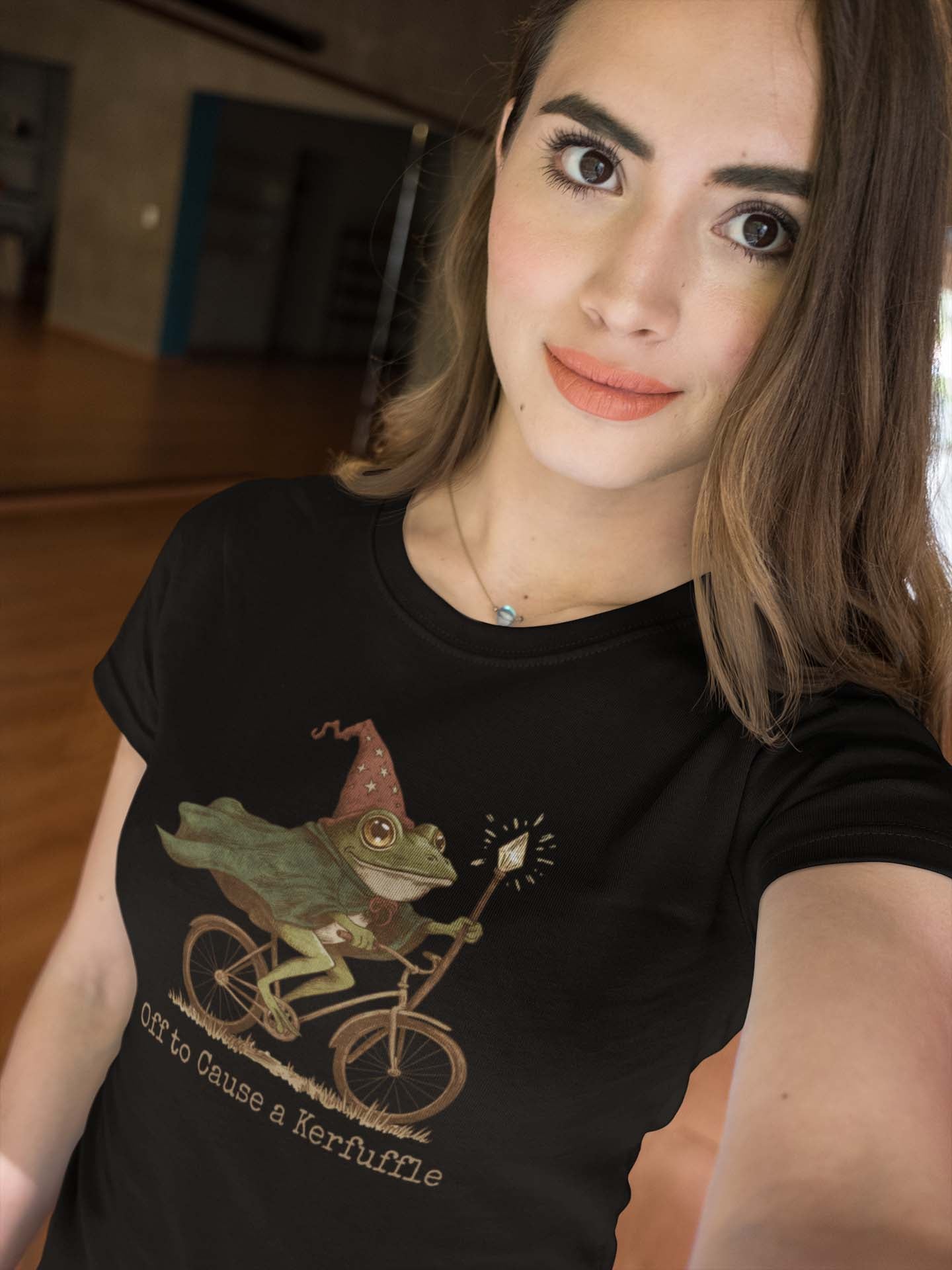 Whimsical Frog Wizard Tee - Off to Cause a Kerfuffle Magical Biking Shirt