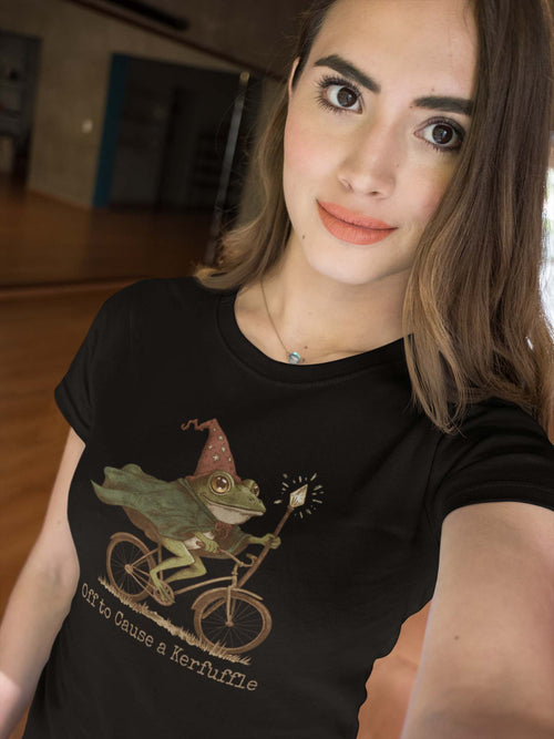 Whimsical Frog Wizard Tee - Off to Cause a Kerfuffle Magical Biking Shirt