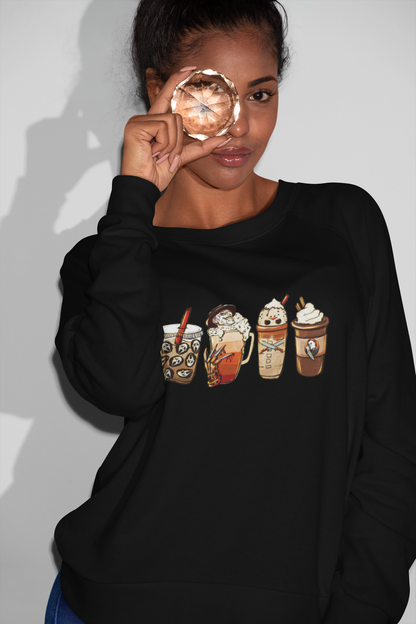 Horror Movie Inspired Coffee Drinks Sweatshirt - Halloween Themed Cozy Pullover