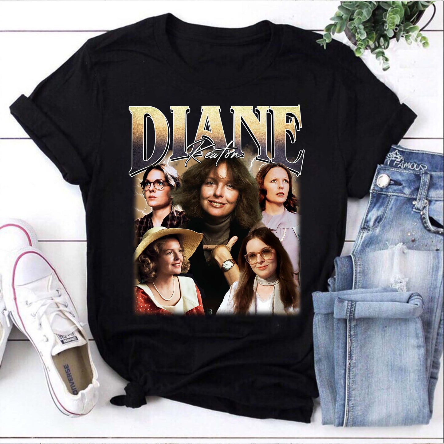 Diane Keaton Collage Vintage Style Black T-Shirt for Fans