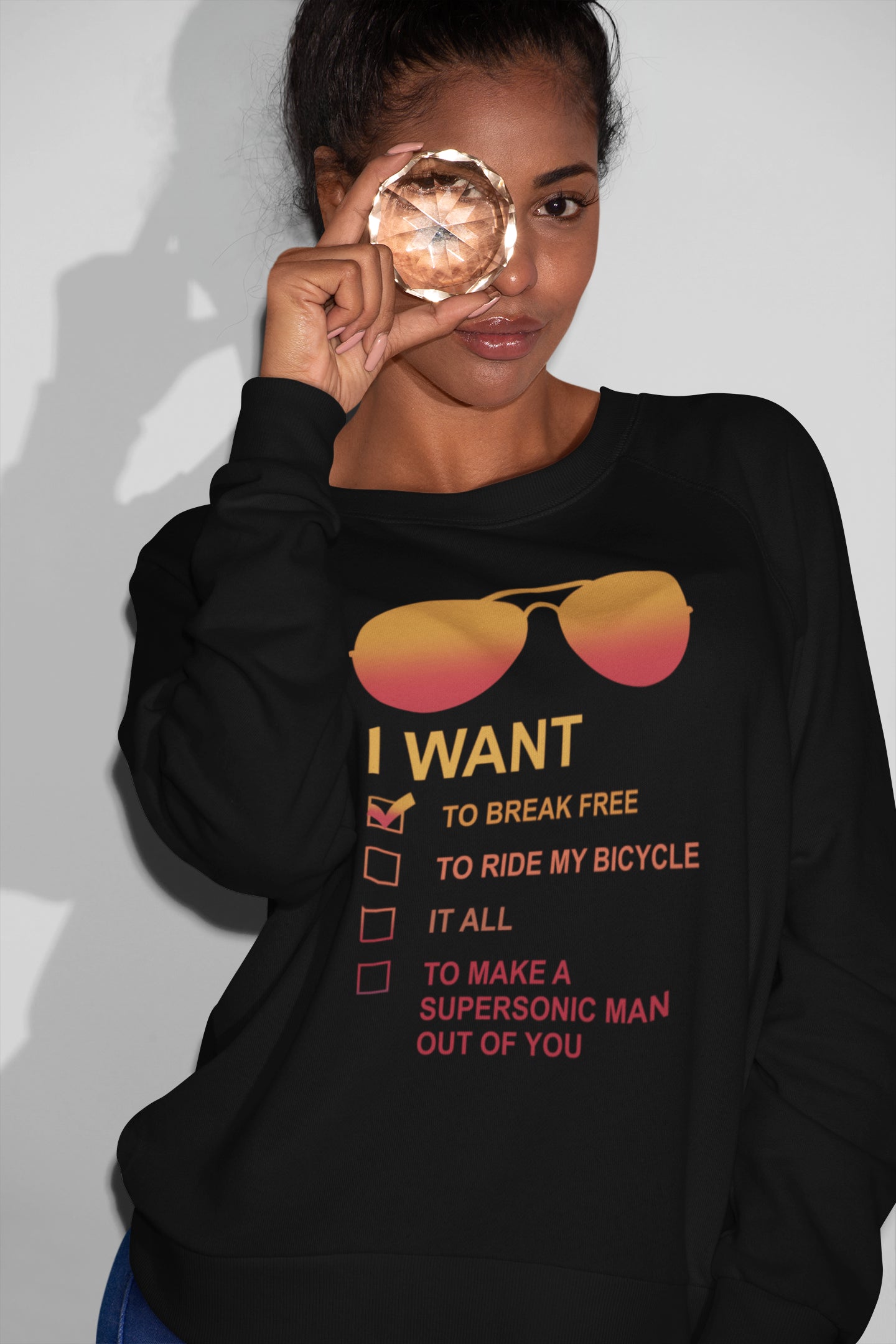 I Want Checklist Graphic Sweatshirt - Retro Sunglasses Design