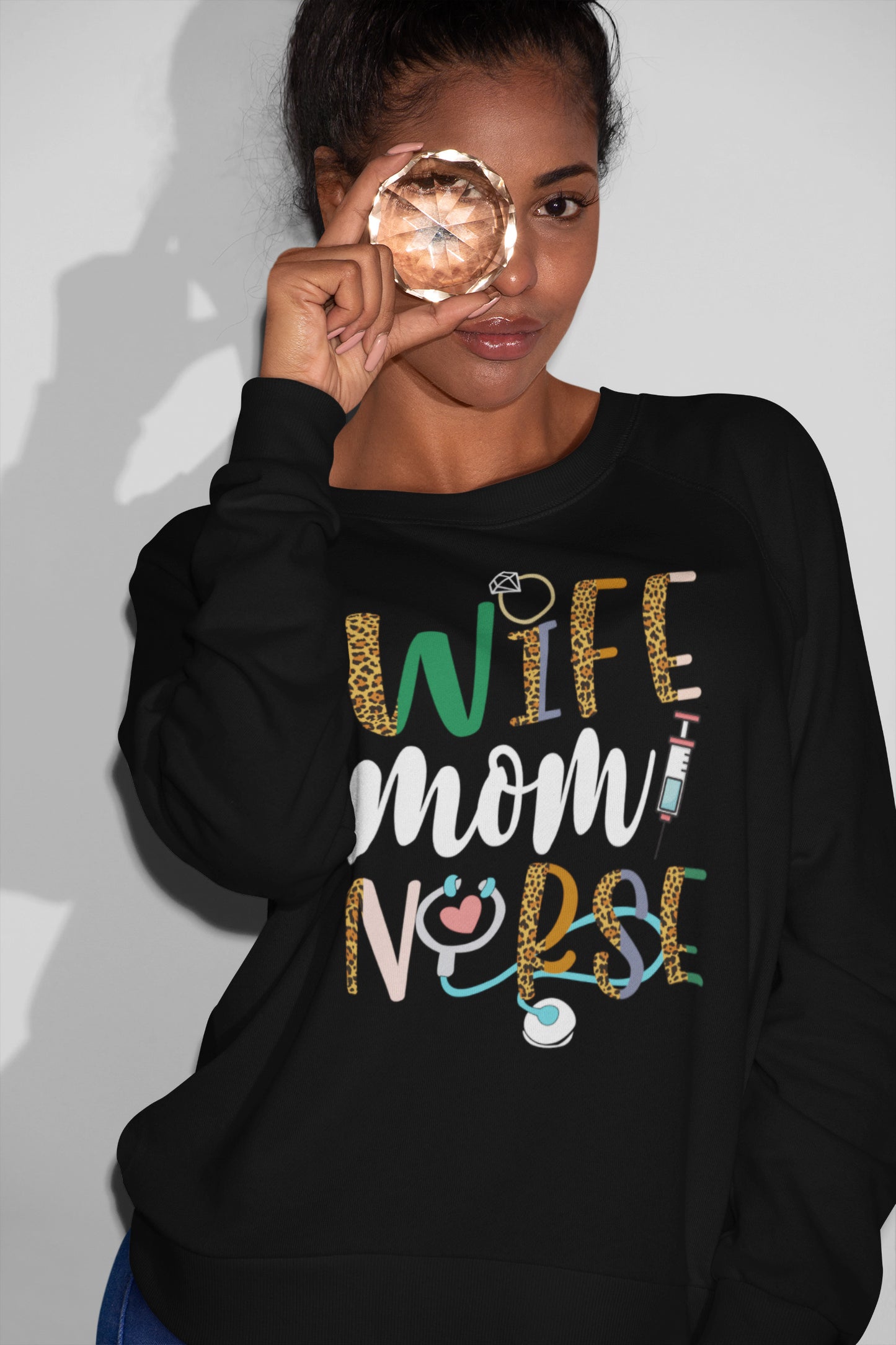 Wife Mom Nurse Leopard Print Stethoscope Graphic Sweatshirt
