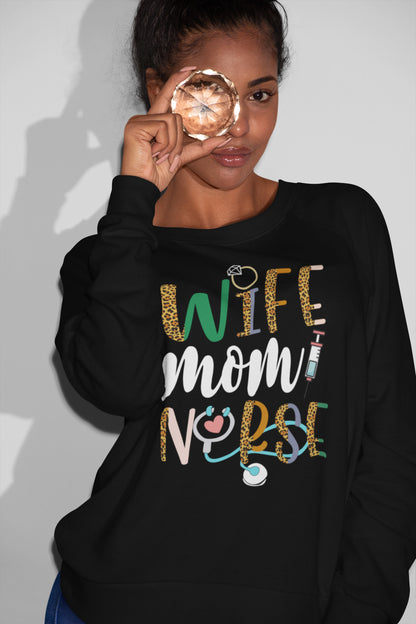 Wife Mom Nurse Leopard Print Stethoscope Graphic Sweatshirt
