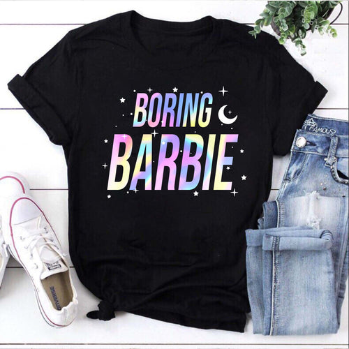 Boring Barbie Rainbow Text Black Graphic Tee
