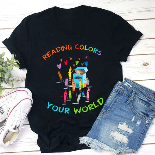 Reading Colors Your World T-Shirt with Cute Crayons Design