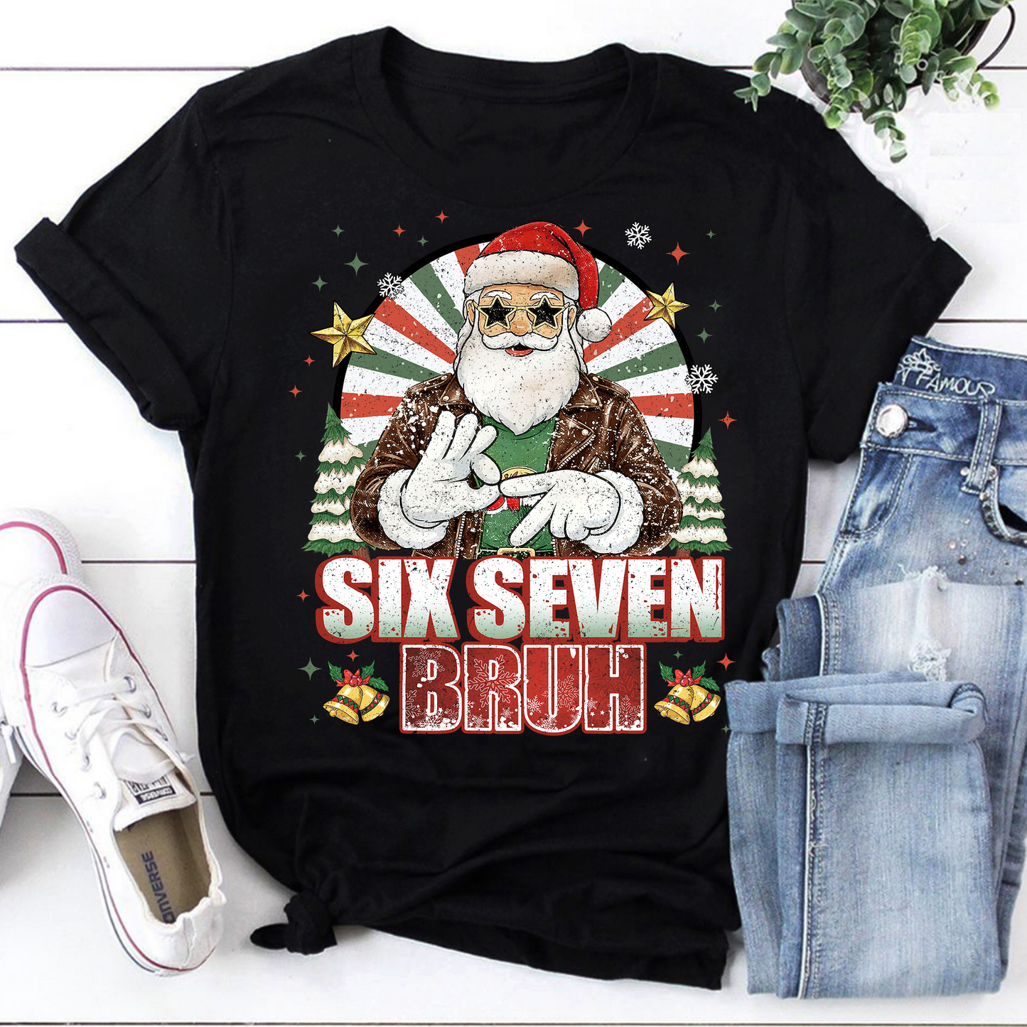 Funny Six Seven Bruh Christmas Santa T-shirt Holiday Graphic Tee