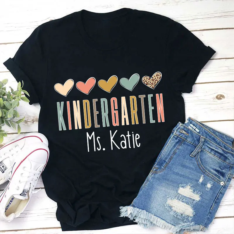 Personalized Kindergarten Teacher Shirt with Colorful Hearts - Custom Ms. Name Tee