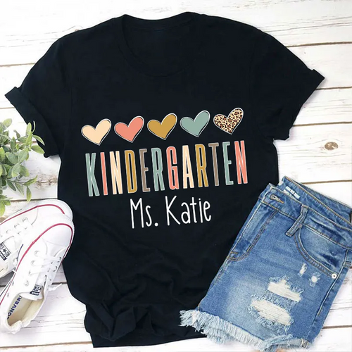 Personalized Kindergarten Teacher Shirt with Colorful Hearts - Custom Ms. Name Tee