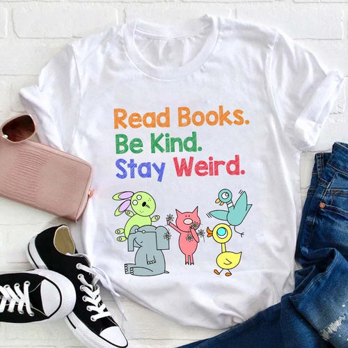 Read Books Be Kind Stay Weird T-Shirt with Cute Cartoon Animals