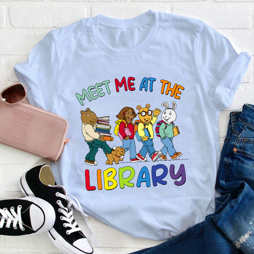 Meet Me At The Library Arthur Cartoon T-Shirt - Colorful Kids Book Lover Tee