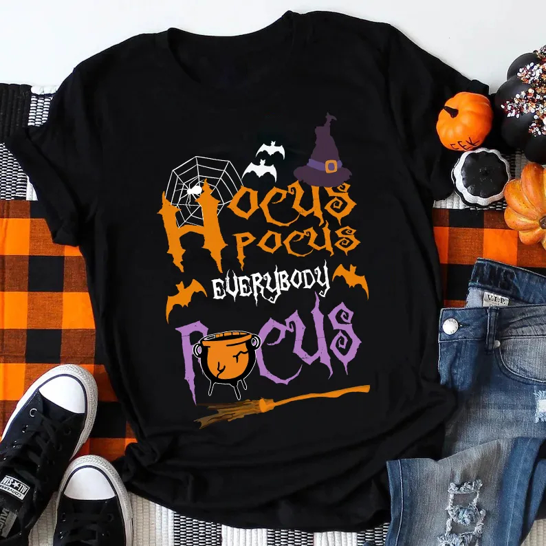Halloween Hocus Pocus Everybody Shirt | Witchy Spell Tee with Spider Web, Cauldron, and Bats