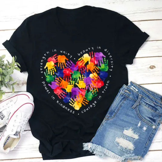 Unity Diversity Heart T-Shirt with Colorful Handprints & Inspirational Words