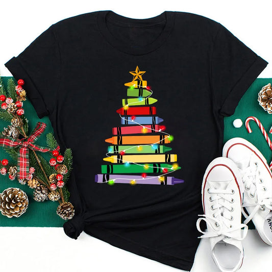 Christmas Tree Crayon Tee with Festive Lights - Holiday Art Lover Shirt