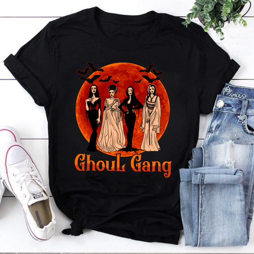 Ghoul Gang Halloween Shirt with Classic Female Monsters and Orange Moon