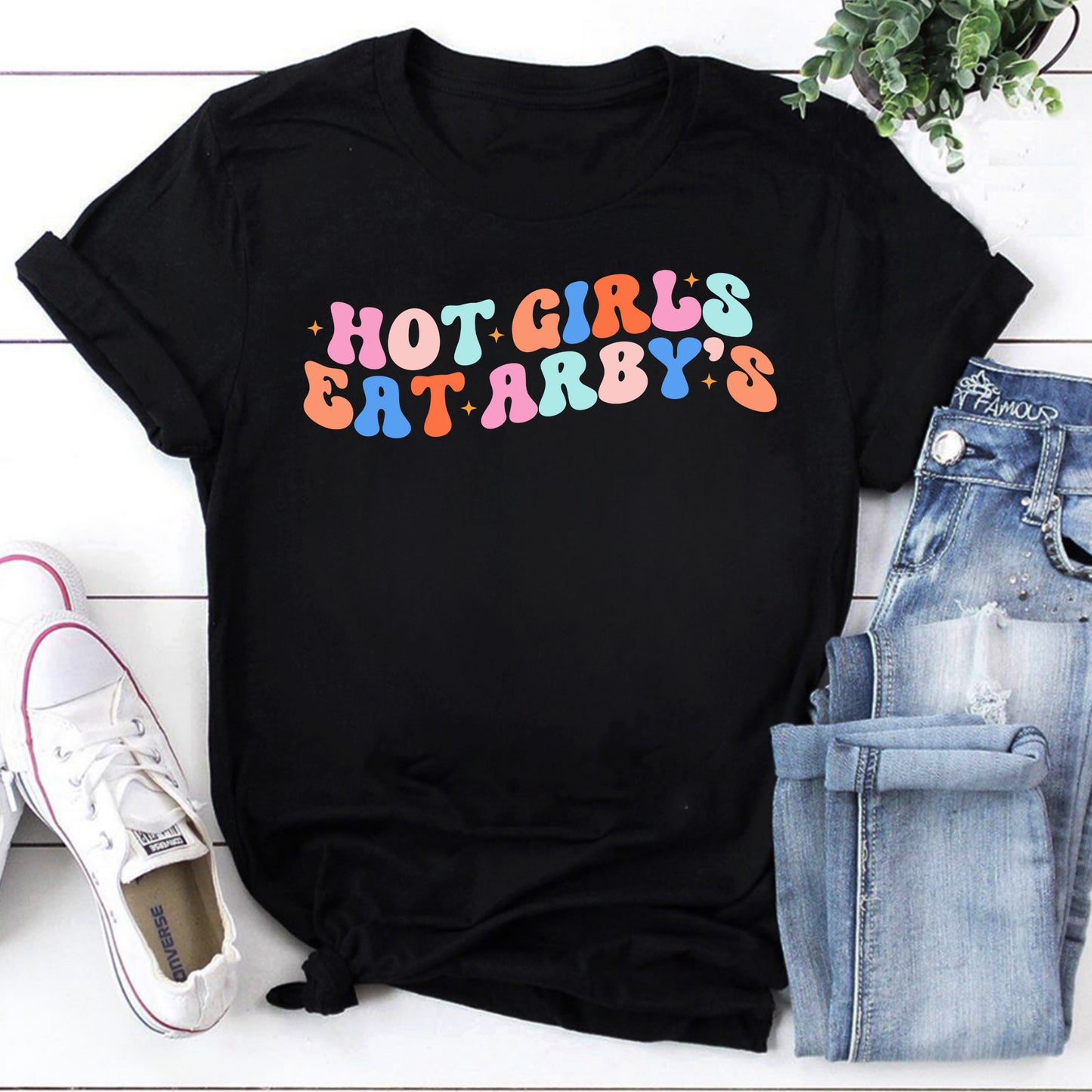 Hot Girls Eat Arby's Colorful Retro Graphic Tee Black Shirt