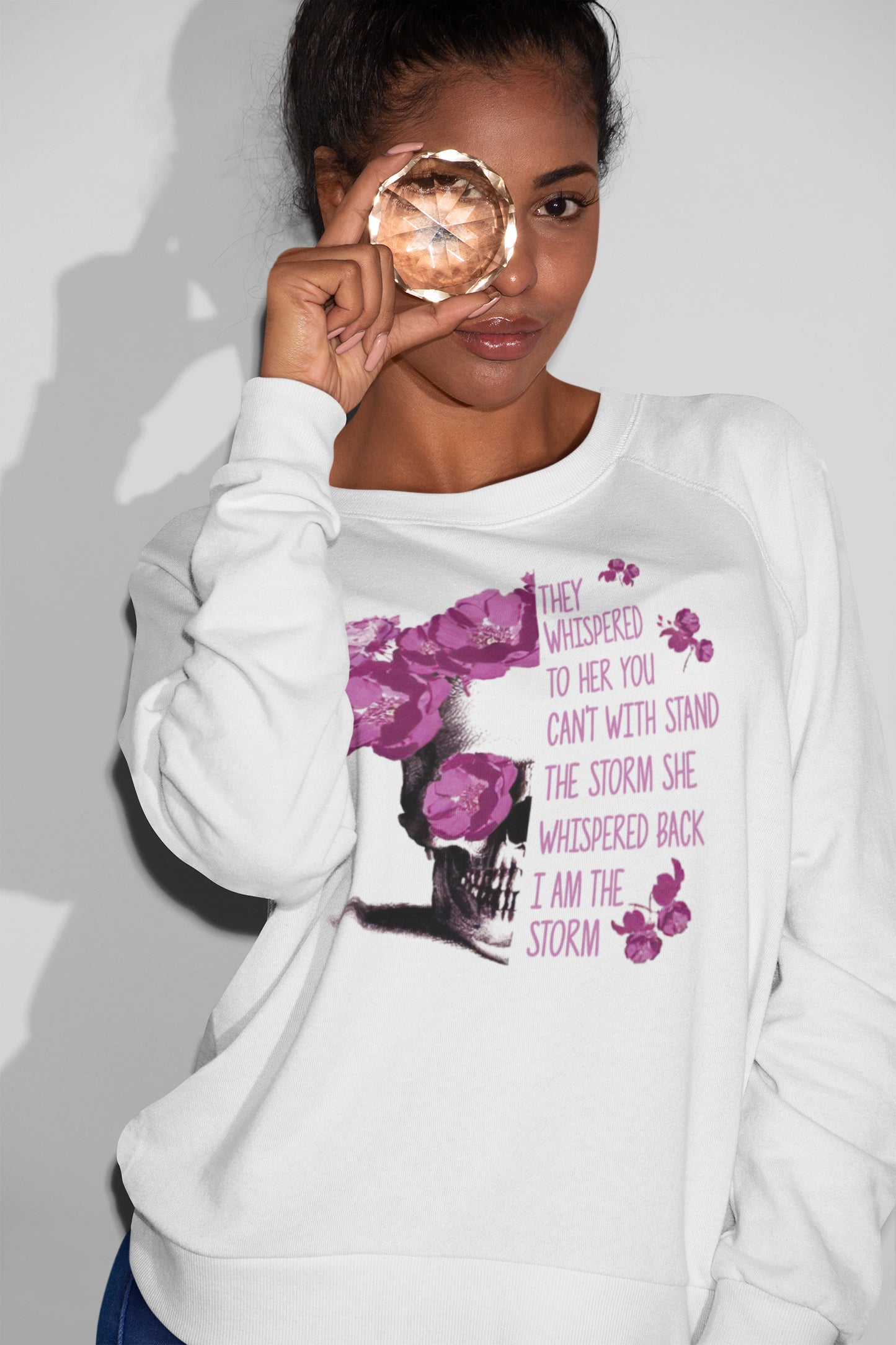 Empowering Skull & Purple Flower Sweatshirt - I Am The Storm Inspirational Quote