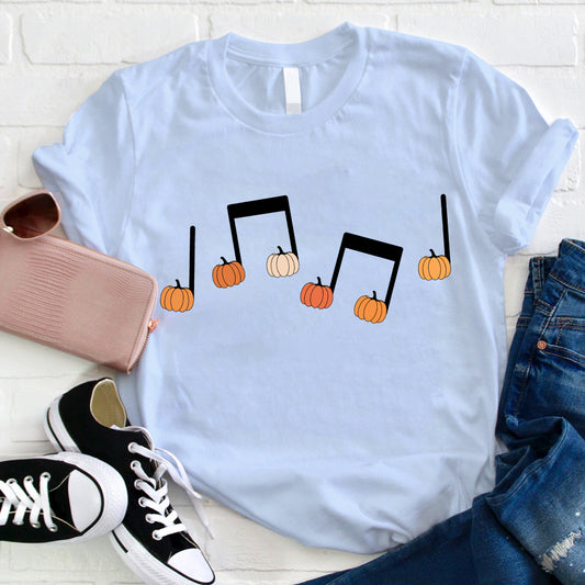 Halloween Music Notes T-Shirt with Pumpkin Design