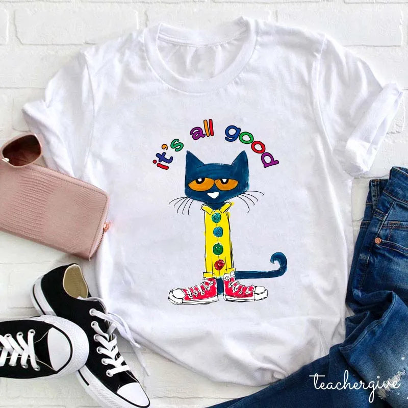 It's All Good Cat Graphic Tee - Fun Colorful Cat T-Shirt with Red Sneakers