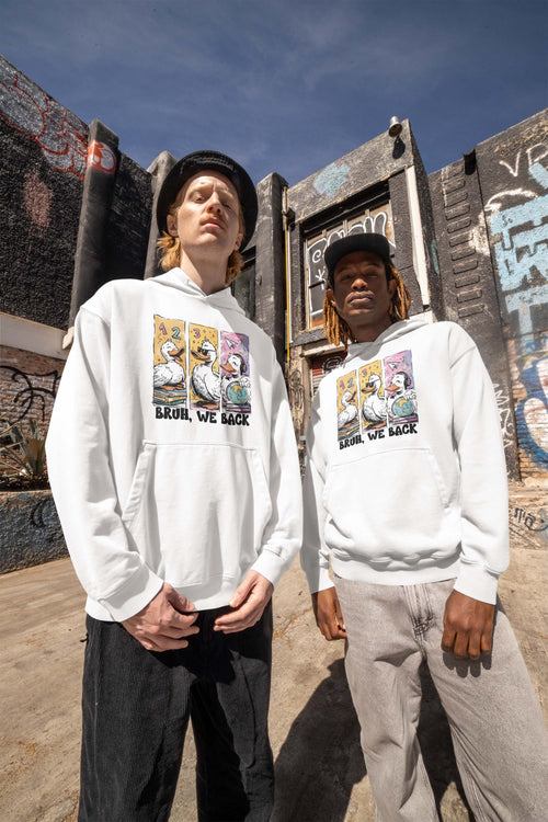 Bruh We Back Hoodie with Funny Duck Cartoon Graphic