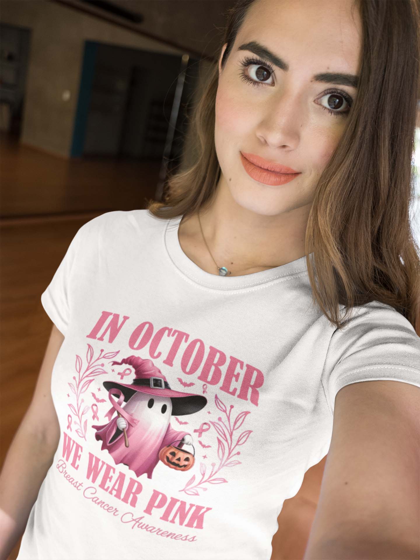 Breast Cancer Awareness October Shirt with Pink Ghost and Halloween Pumpkin