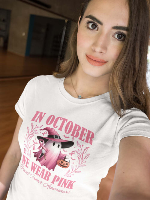 Breast Cancer Awareness October Shirt with Pink Ghost and Halloween Pumpkin