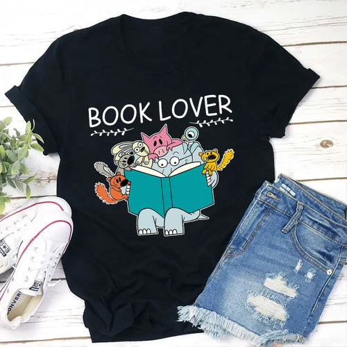 Book Lover Cartoon Animal Reading Graphic T-Shirt