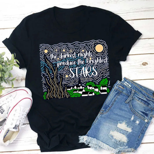 Inspirational Starry Night Quote T-Shirt - The Darkest Nights Produce The Brightest Stars Tee