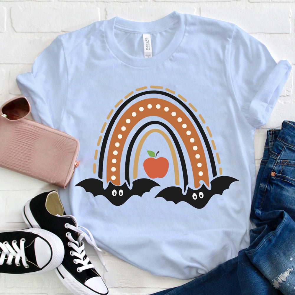 Halloween Rainbow T-Shirt with Bats and Apple Graphic