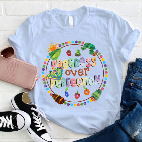 Progress Over Perfection Colorful Caterpillar & Butterfly T-Shirt