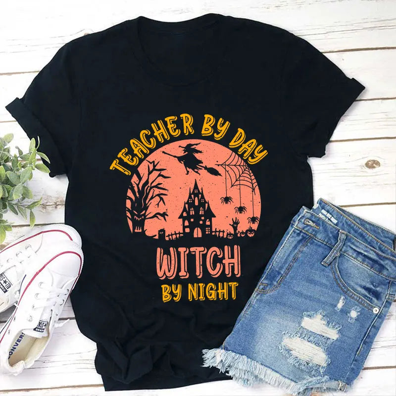 Teacher by Day Witch by Night Halloween T-Shirt - Spooky Teacher Shirt