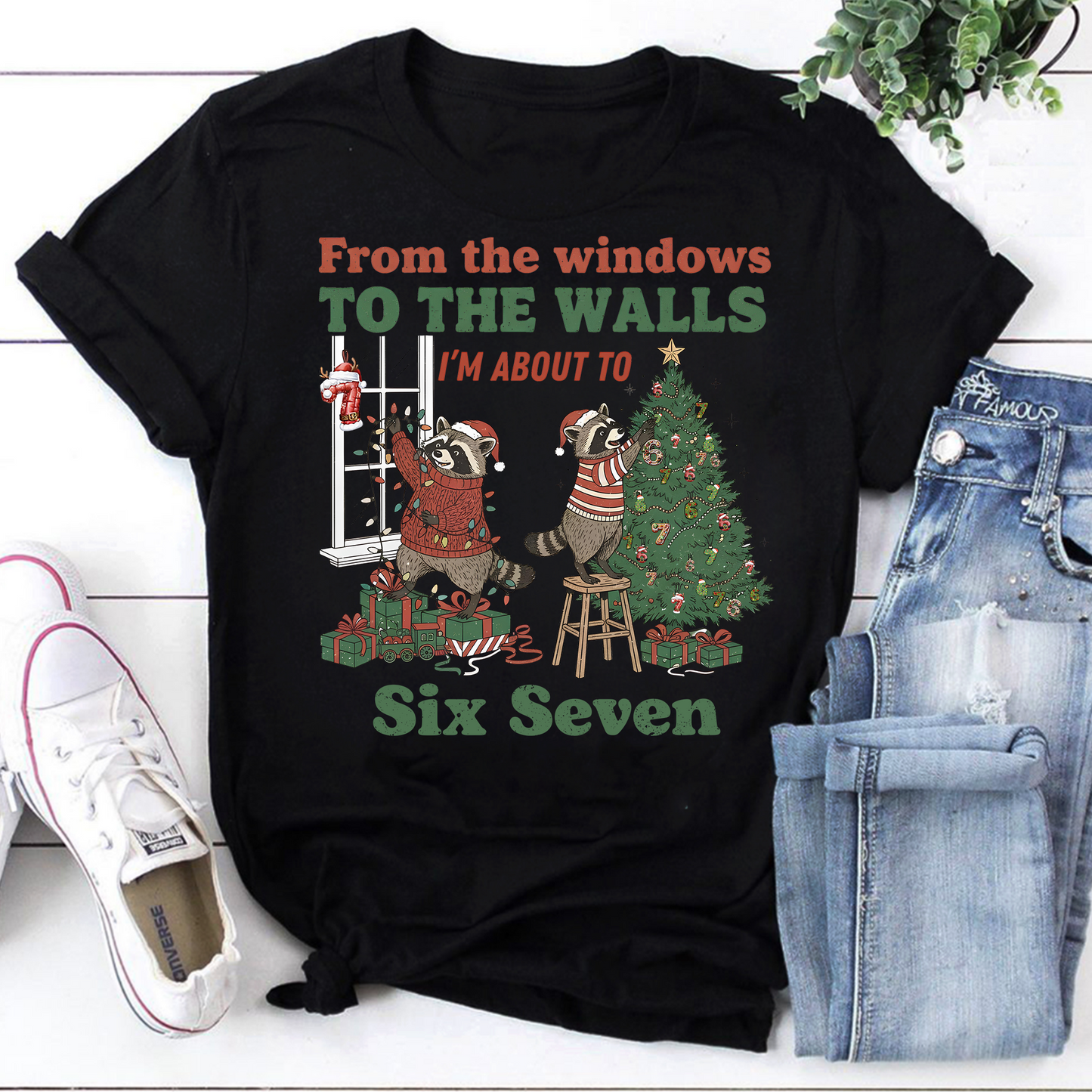 Funny Christmas Raccoon Shirt - From the Windows to the Walls Six Seven Holiday Tee