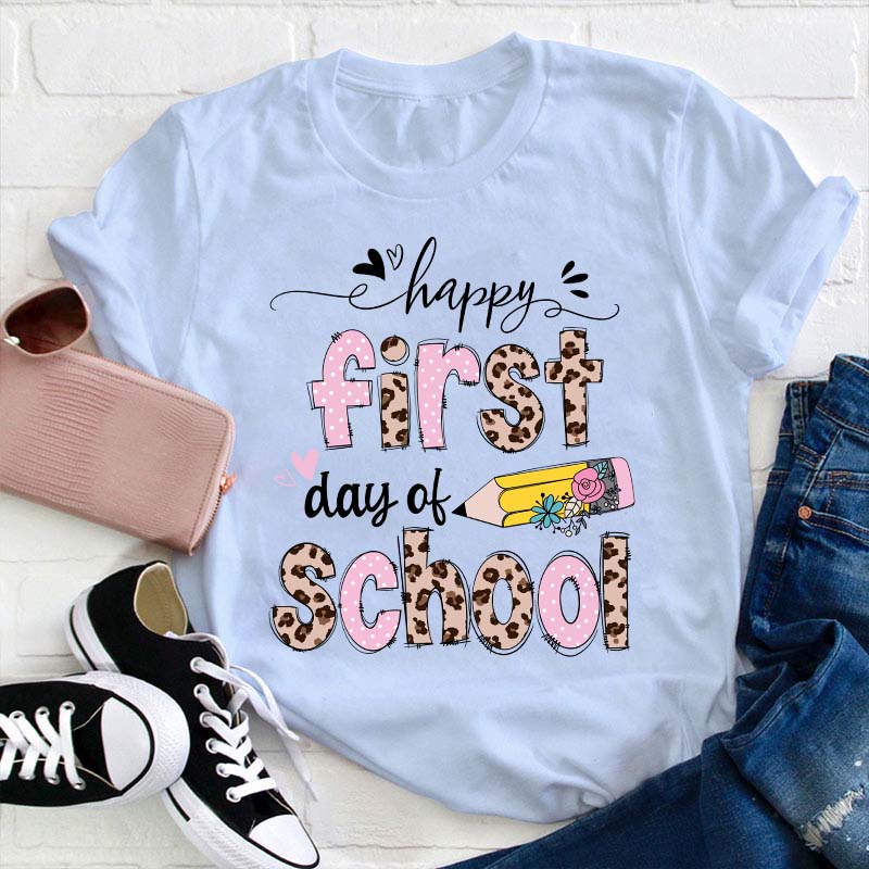 Happy First Day of School Leopard and Polka Dot Kids T-Shirt