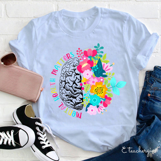 Mental Health Matters Brain and Flowers Graphic Tee