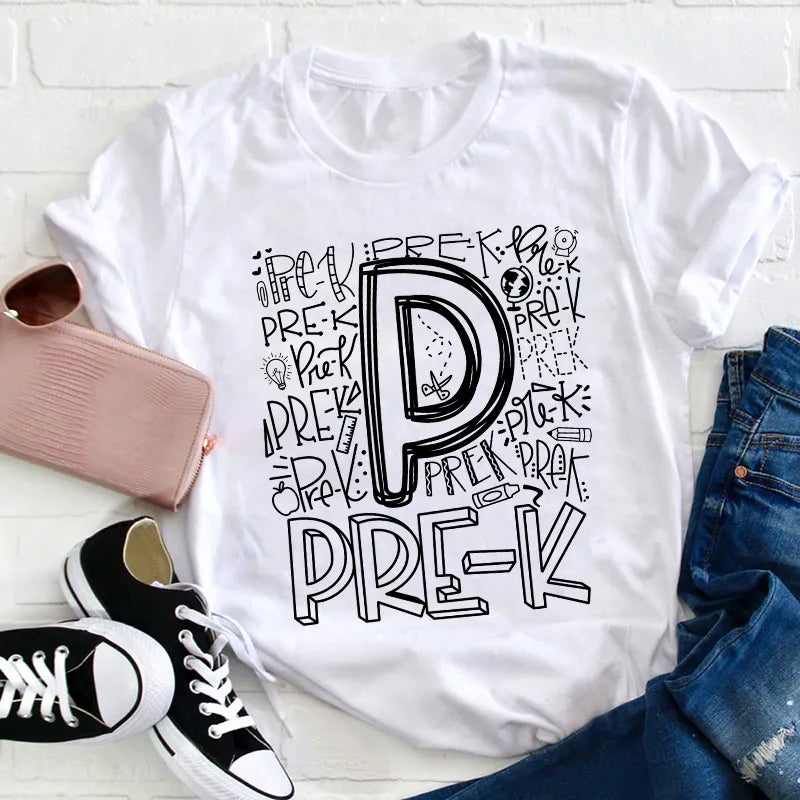 Playful Pre-K Teacher T-Shirt with Hand-Drawn Lettering Design