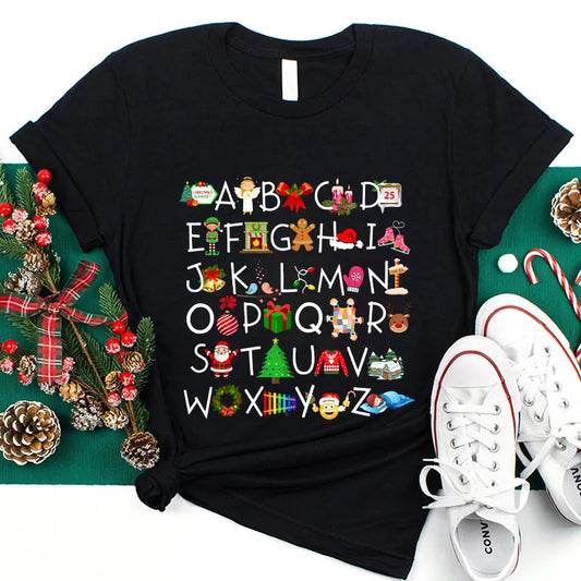 Christmas Alphabet Shirt - Festive Holiday ABC Graphic Tee