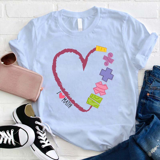 I Love Math T-Shirt | Heart and Colorful Math Symbols Graphic Tee